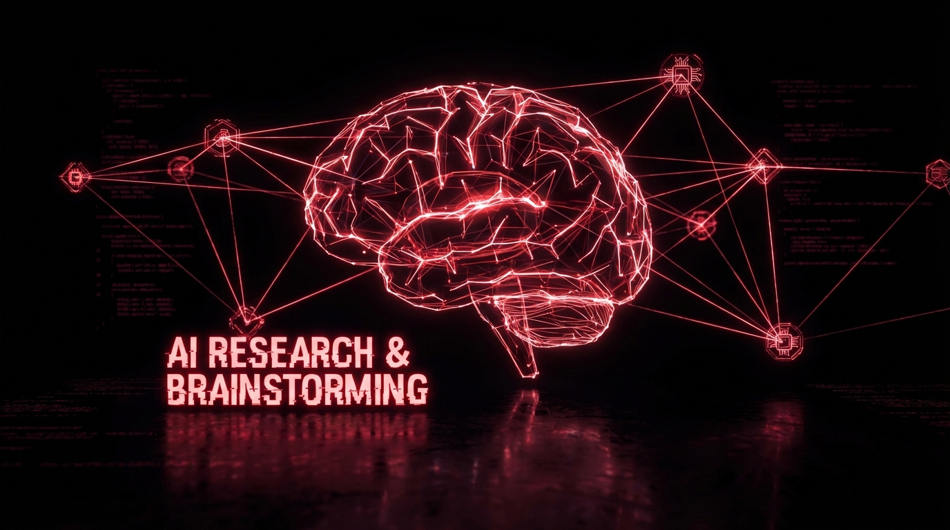 Abstracte visualisatie van AI brainstorming met verbonden rode datapunten